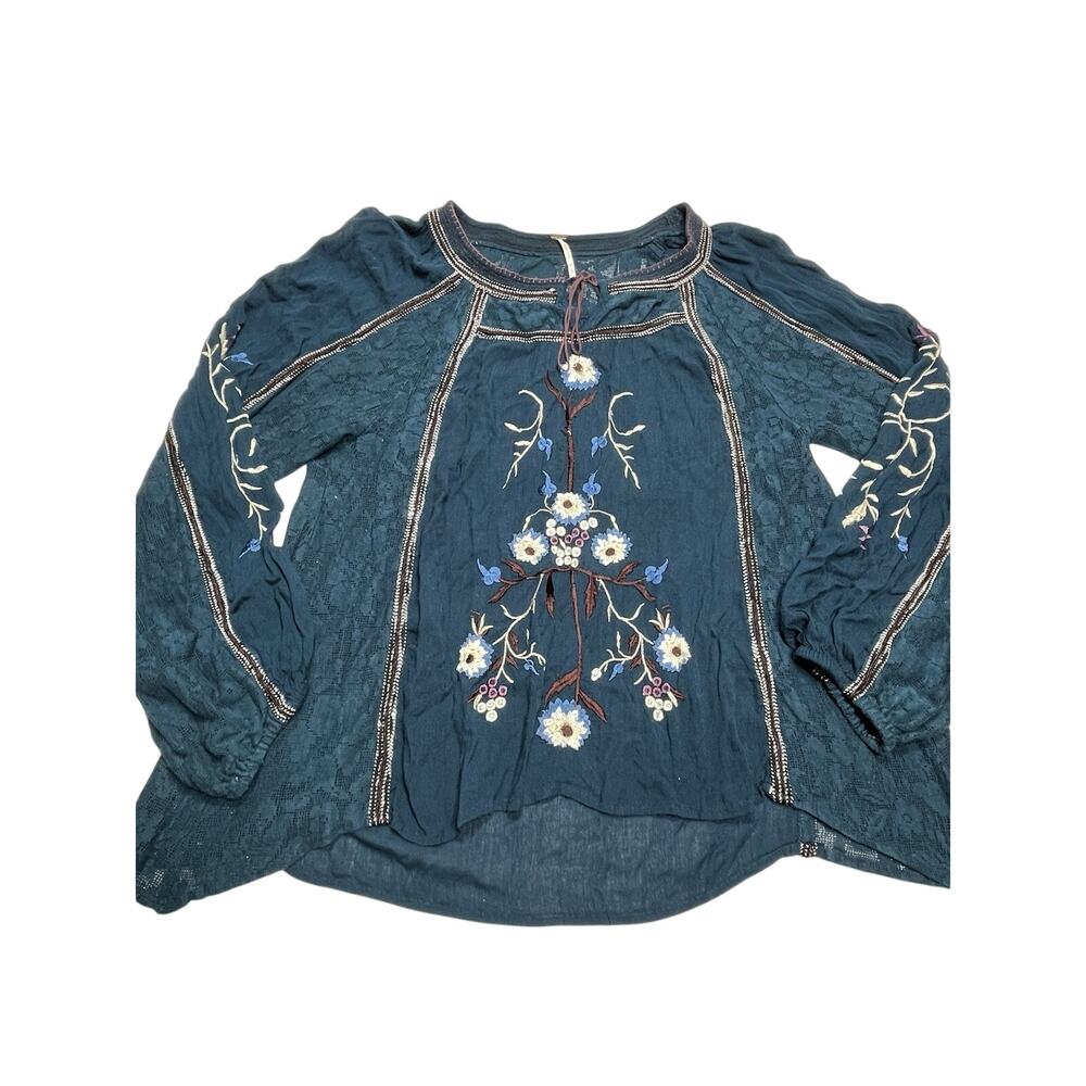 Free People Tiger Lily Peasant Top Women S Blue Boho Grannycore Cottage Hippie